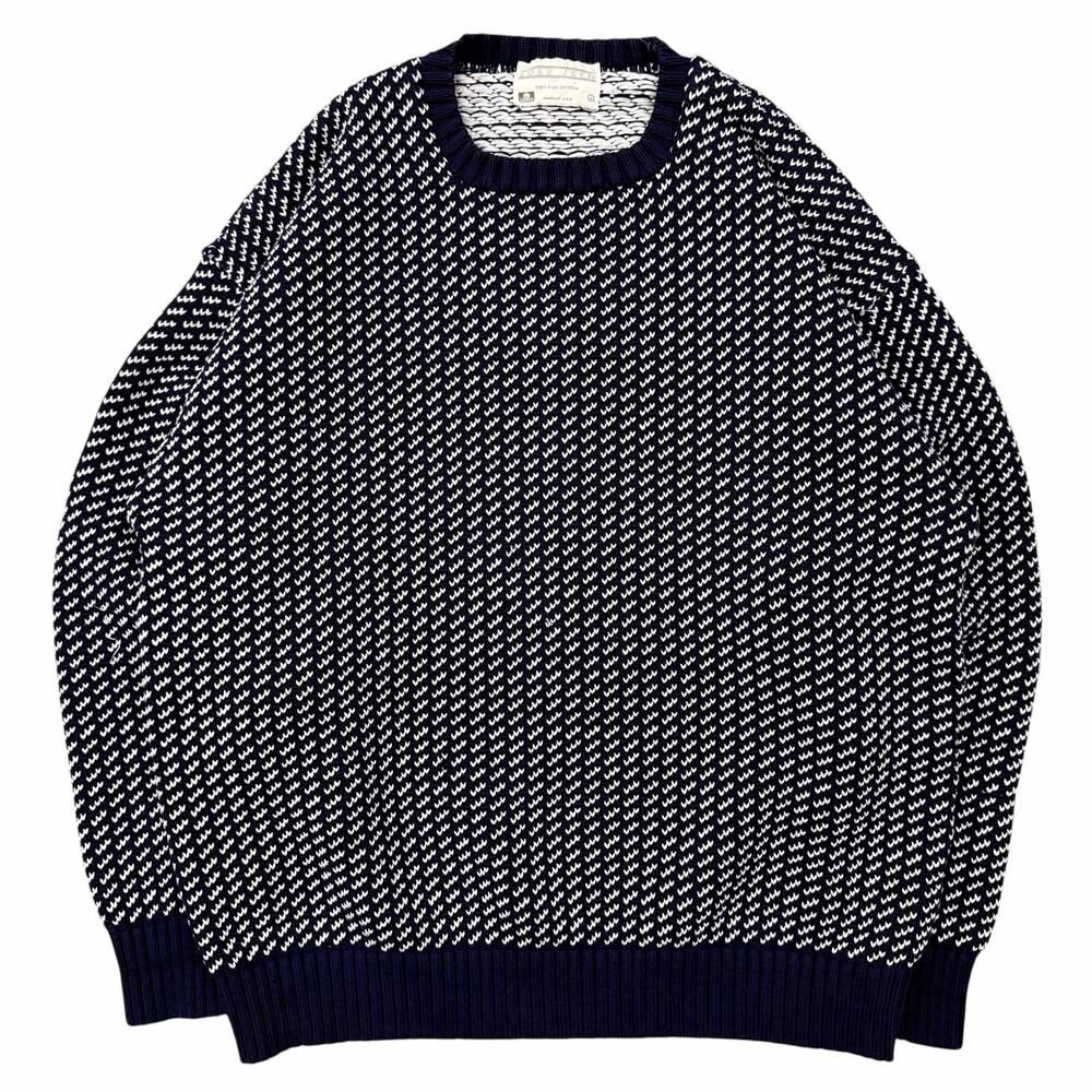 Vintage Lord Jeff Birdseye Woven Knit Crewneck Sweater Navy Blue USA Made Large